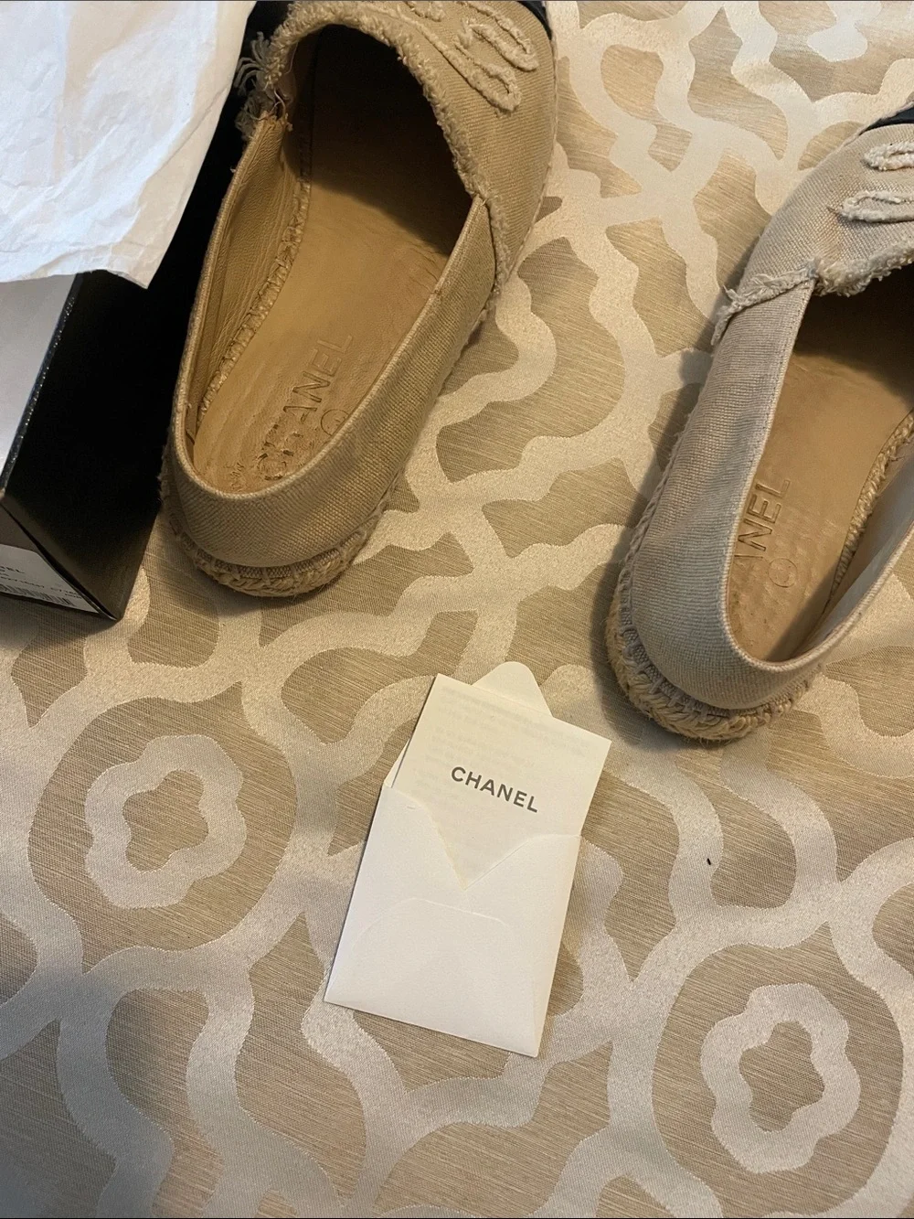CHANEL Tan and Black Canvas Espadrille Flats AUTHENTIC